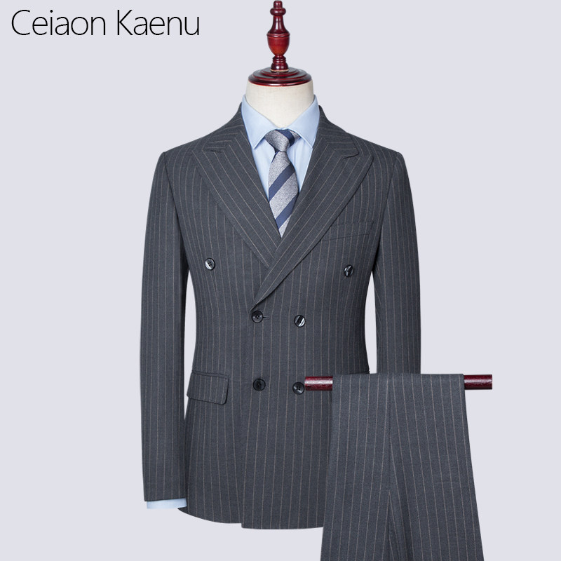 Ceiaon Kaenu双排扣西服套装男英伦风休闲西装男条纹新郎结婚礼服