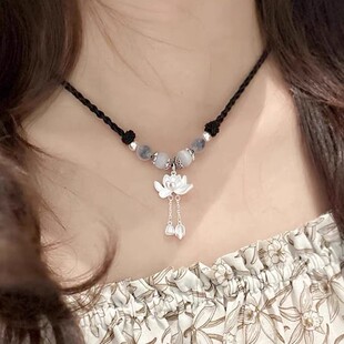 纯银s999莲花吊坠足银古法两世欢项链好运连连编绳毛衣链生日礼物