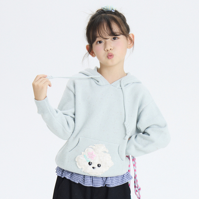 多多一上秋冬女小童花纱连帽毛衣深秋女童套头针织衫上衣