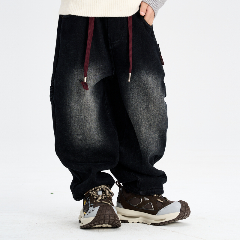 多多一上冬新款男小童加绒牛仔裤一体绒深冬宽松牛仔长裤冬