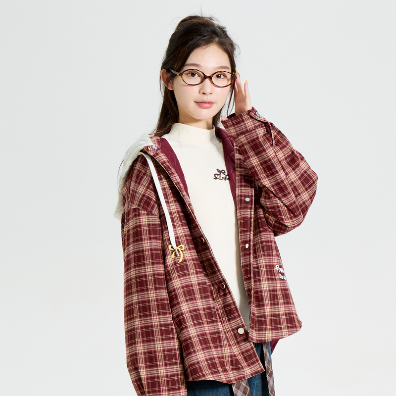 多多一上秋冬女大童格子夹棉衬衫外套连帽格纹加棉开衫外套