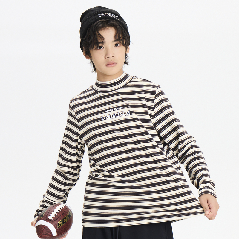 多多一上秋冬男大童半高领柔软贴肤条纹磨毛打底衫保暖T恤上衣男