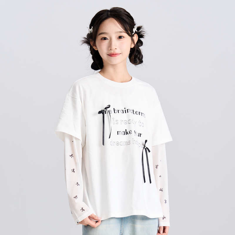 多多一上女大童春季新款假两件T恤女童百搭蝴蝶结圆领长袖打底衫