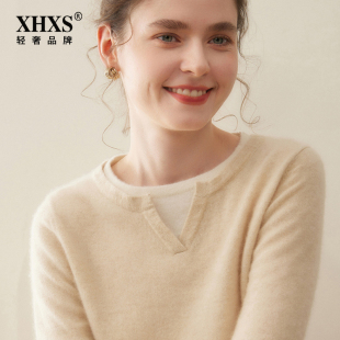 宽松显瘦针织衫 假两件上衣时尚 新款 鄂尔多斯市圆领山羊绒女冬季