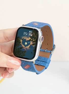 适用于iWatch8/7苹果智能手表表带Applewatch6/5/Ultra4/3/2s9代替换弹力运动潮流牛仔皮款文字时尚牛仔蓝色