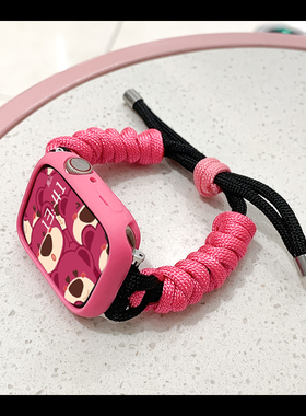 适用于Applewatch7/8苹果手表表带iwatch6/5/Ultra4/3/2se代替换表带夏天创意配件情侣编织款玫红拼黑色腕带