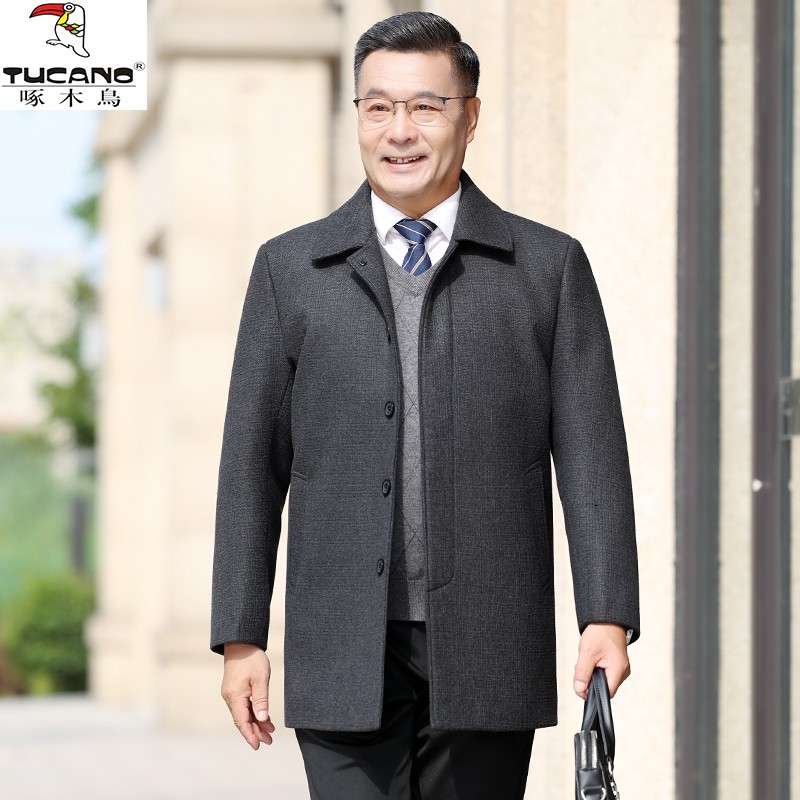 啄木鸟中年男士羊毛大衣中长款宽松爸爸冬装羊毛呢子外套加绒加厚