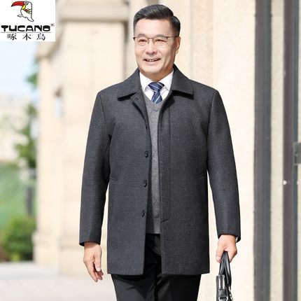 啄木鸟中年男士羊毛大衣中长款宽松爸爸冬装羊毛呢子外套加绒加厚