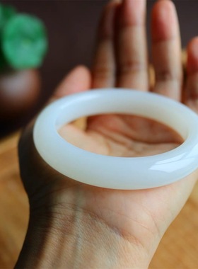 收藏和田玉白玉羊脂玉手镯宽条轮胎镯俄料且末正品女款证书