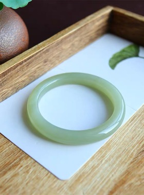 和田玉冰晴水手镯宽条玉镯白玉晴白湖水绿茶晴葡萄肉青提证书