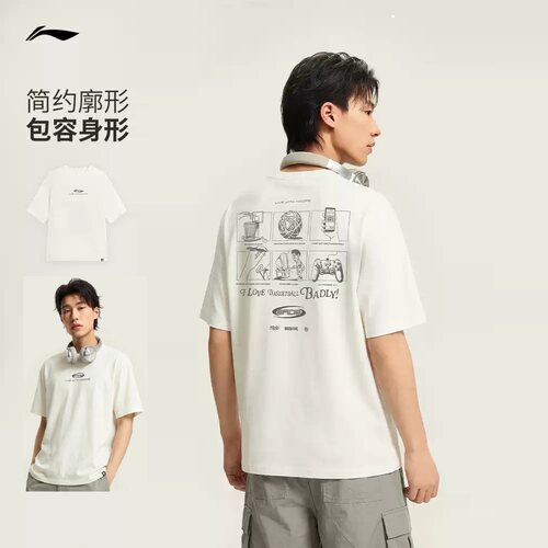 李宁短袖T恤男棉质沁凉运动宽松透气潮流印花休闲白色上衣AHSW275
