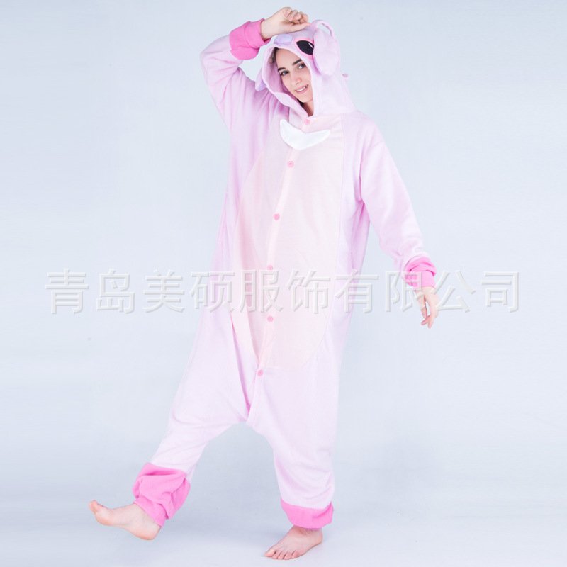 摇粒绒卡通连体睡衣秋冬动物补丁粉色蓝色史迪奇史迪仔情侣演出服