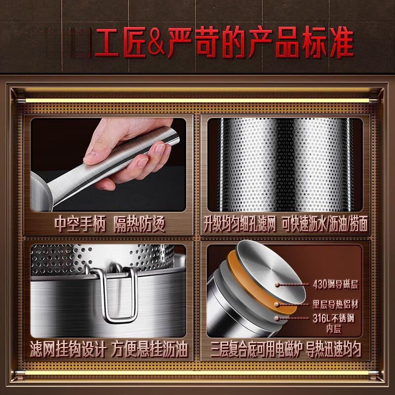 三四钢油炸锅油炸专用锅316L薯条天妇罗深炸锅家用炸串省油捞面