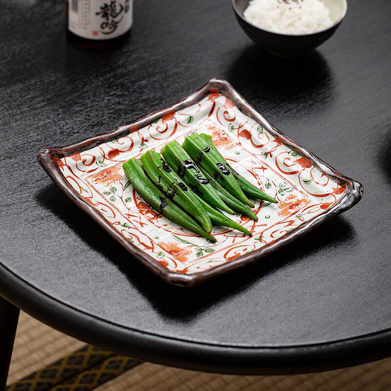 日本美浓烧日式手作陶瓷和风赤绘花角皿寿司盘餐盘沙拉菜碟餐具