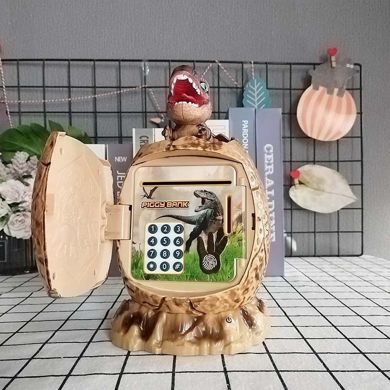 儿童恐龙储钱罐密码锁指纹发光音乐自动卷钱恐龙蛋底座存钱罐跨境