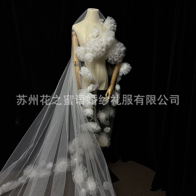 复古夸张新娘头纱大花朵凹造型高级感摄影道具梦幻玫瑰花长款头饰