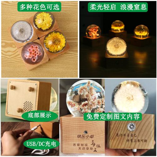 厂家直供蒲公英水晶球蓝牙音箱创意礼物木质音乐盒家居摆件