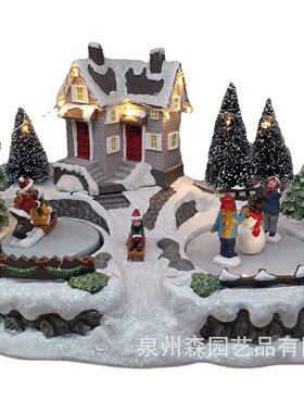 创意圣诞房子树脂摆件节日工艺礼品圣诞雪屋房子带LED灯带音乐盒