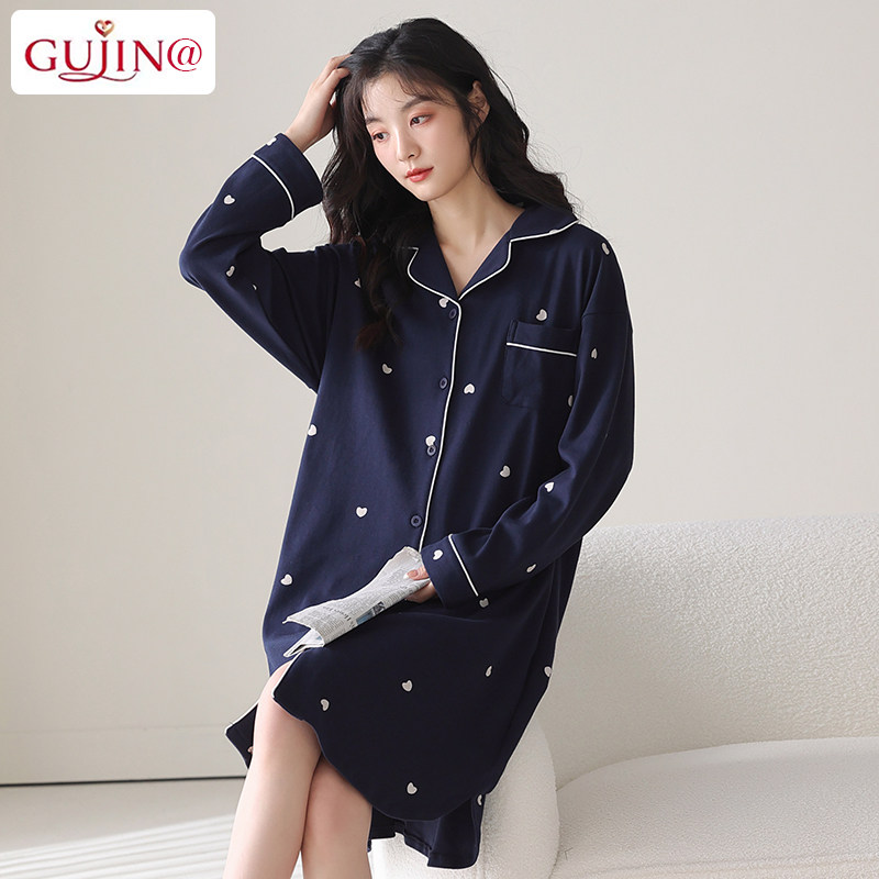 古今@睡裙女春秋冬季纯棉简约开衫中长款连衣裙全棉家居服可外穿