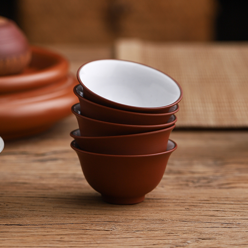 30ml功夫茶杯小号朱泥红陶紫砂反口内白潮汕家用喝茶小杯子6只装