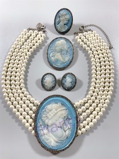 中古LOS ANGELES打标蓝色卡梅奥人造珍珠项链戒指耳钉胸针套装