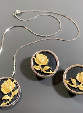 Vintage中古法式风黑金撞色玫瑰