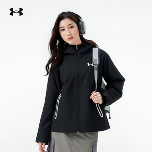 安德玛UA女子秋冬连帽加绒梭织外套保暖防泼水户外加厚运动夹克