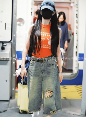 田曦薇同款复古破洞毛边设计感牛仔七分裤女夏季高腰显瘦阔腿短裤