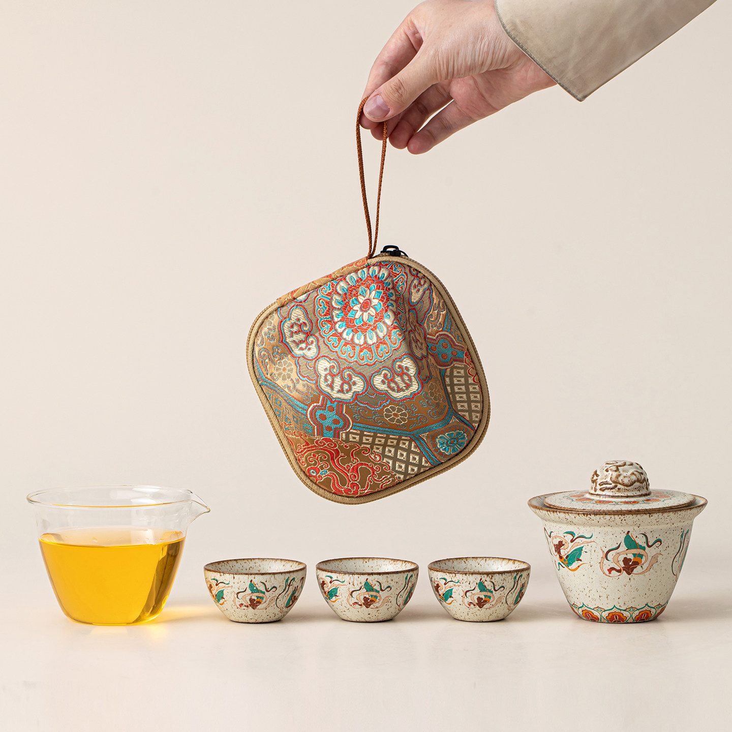 敦煌飞天便携式旅行茶具套装一壶三杯户外茶具可收纳快客杯泡茶杯