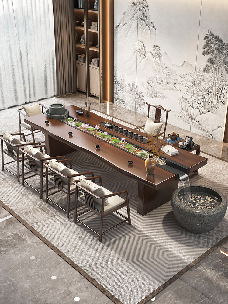 New Chinese-style circulating flowing water tea table solid wood tea table chair combination Kung Fu tea table leisure negotiation Zen reception table