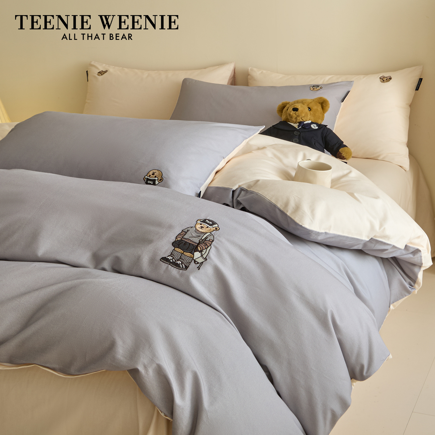 TeenieWeenie小熊秋冬磨毛保暖四件套简约灰色纯棉男生被套床单