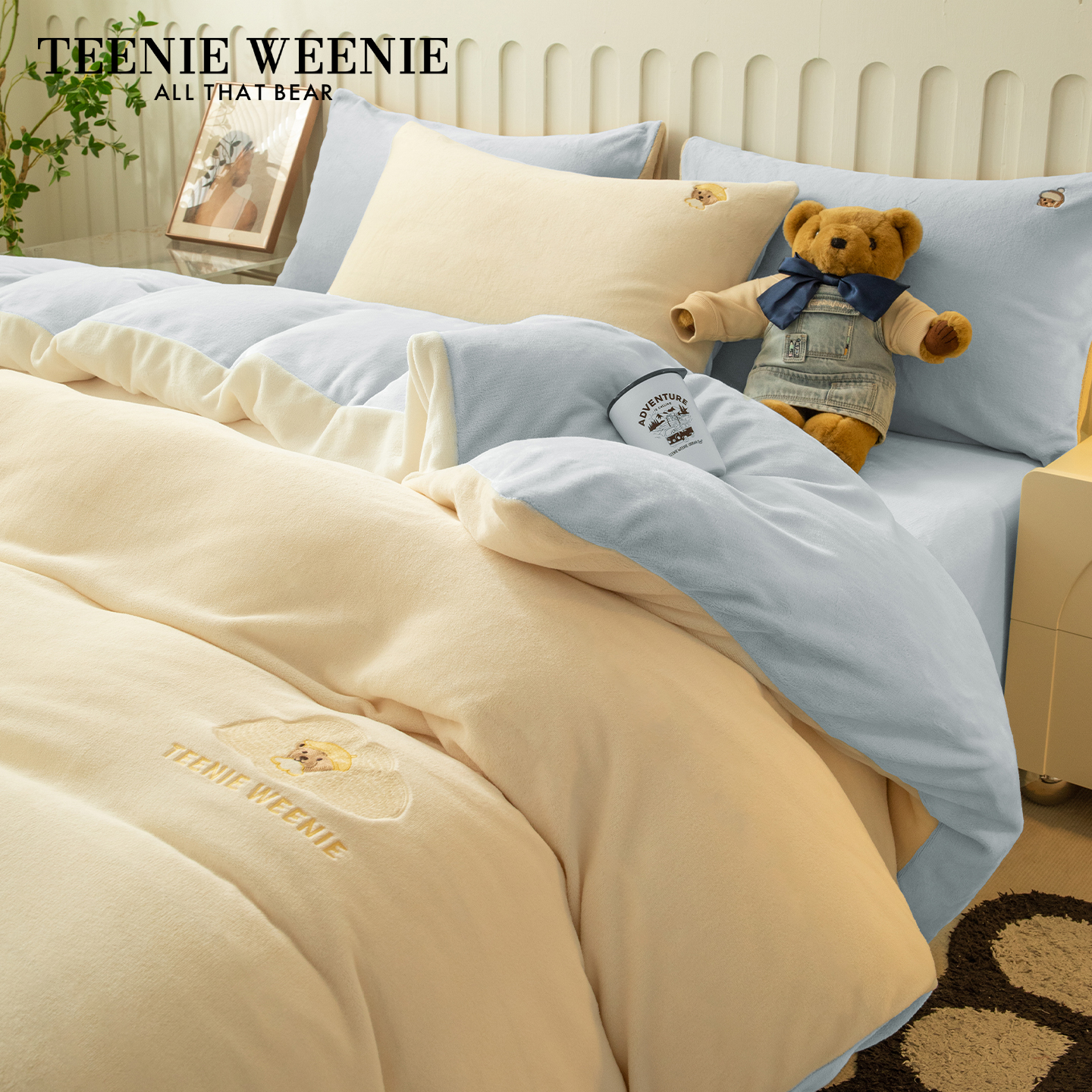 TeenieWeenie小熊牛奶绒四件套冬季新款珊瑚绒法兰绒加绒被套床单