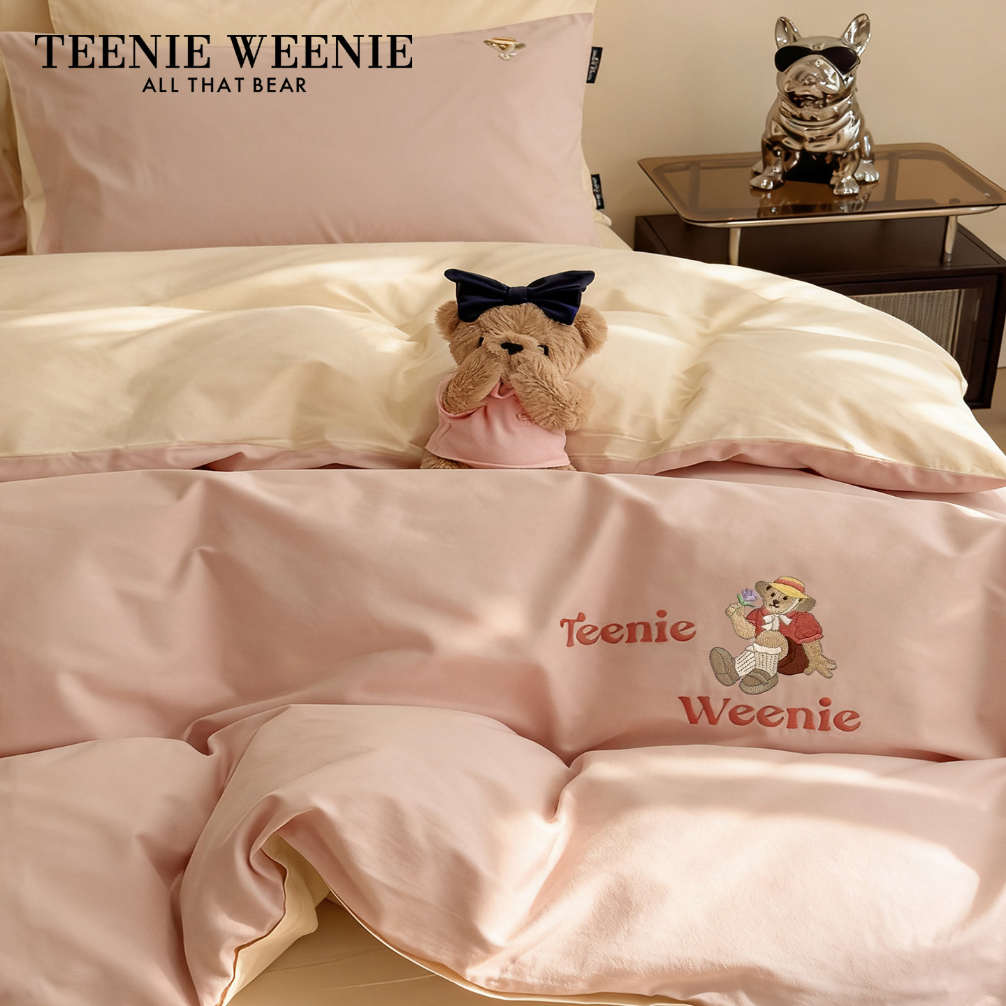 TeenieWeenie简约粉色磨毛被套床上四件套纯棉四季通用床单床笠款