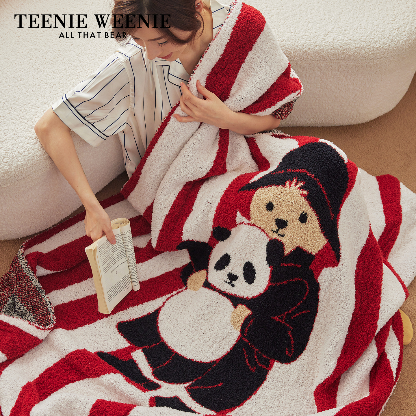 TeenieWeenie小熊A类半边绒毛毯卡通沙发盖毯红色条纹加绒保暖毯,床上用品,休闲毯/毛毯/绒毯,淘宝优惠券,粉丝福利购,淘宝优惠卷