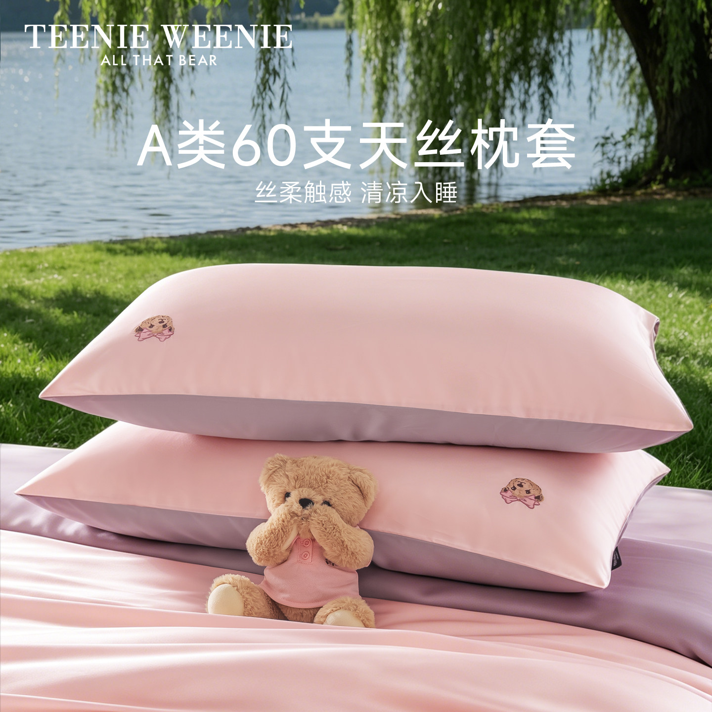 TeenieWeenie小熊A类凉感天丝枕套单只夏天真丝冰丝枕芯套一对装