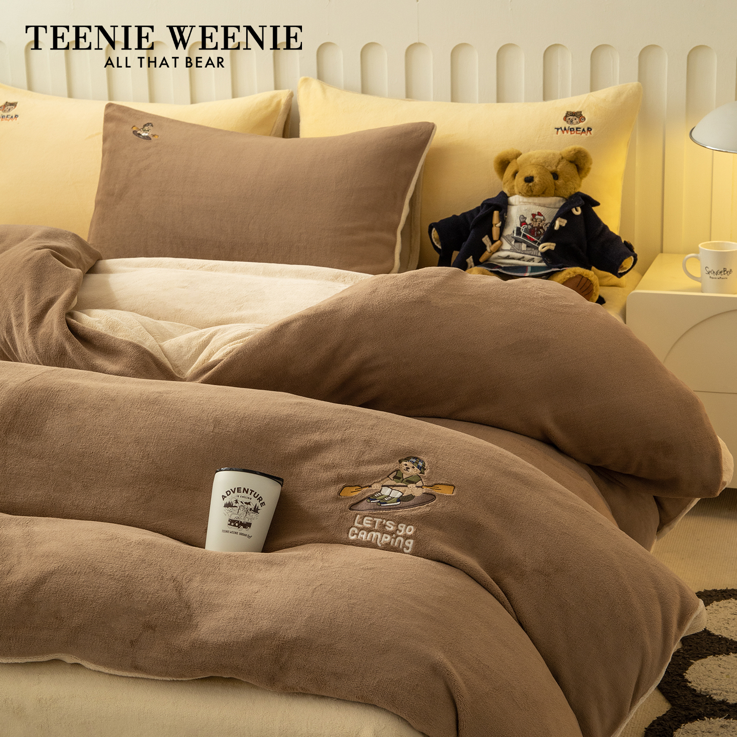 TeenieWeenie小熊冬季保暖牛奶绒床单四件套美拉德风双面加绒被套