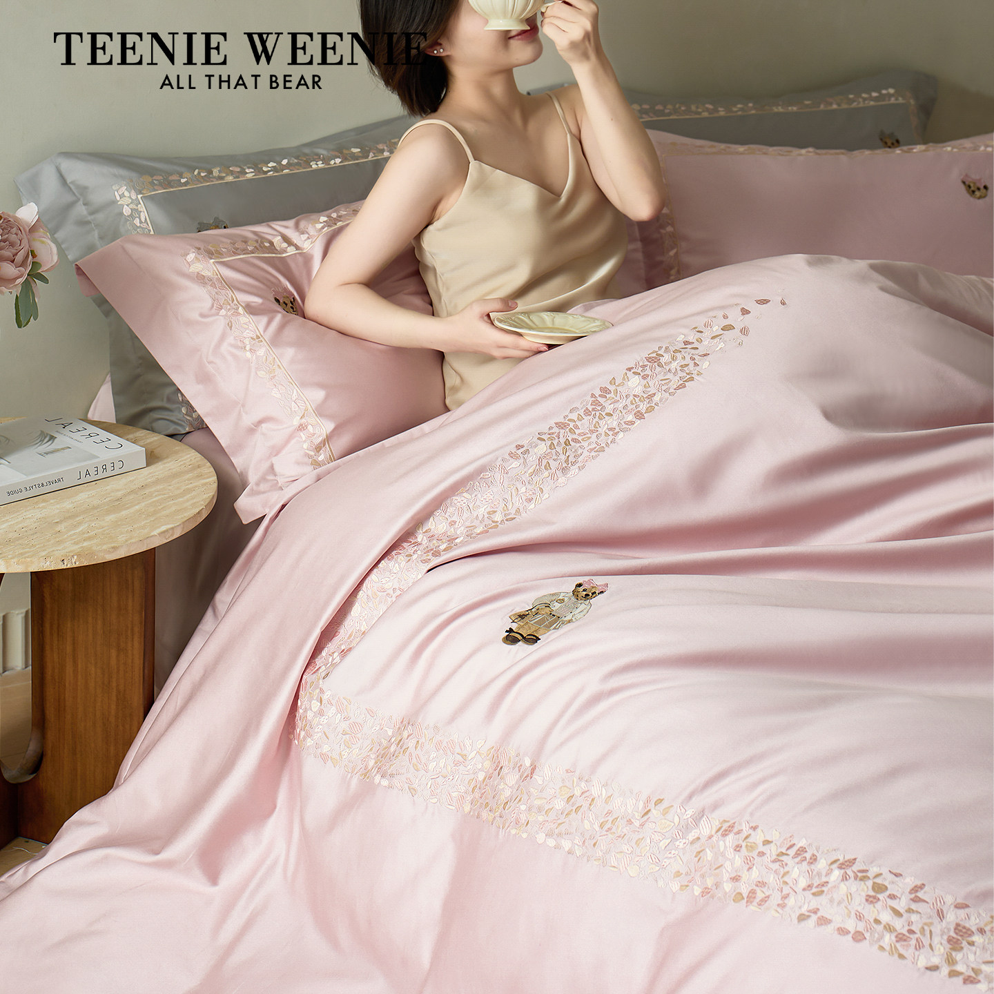 TeenieWeenie2026新款樱花粉长绒棉贡缎四件套纯棉全棉春夏款床品