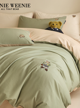 TeenieWeenie复古绿色全棉纯棉磨毛四件套刺绣被套床笠款柔软套件
