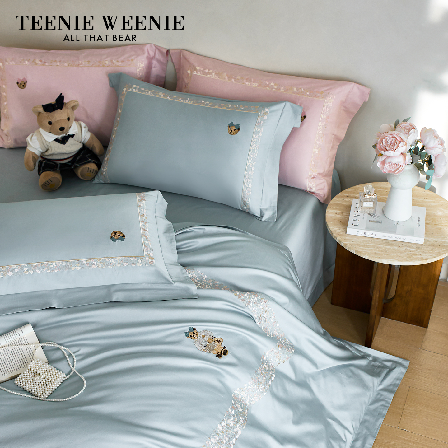 TeenieWeenie高级感蓝色新疆长绒棉床上四件套全棉纯棉贡缎被套罩