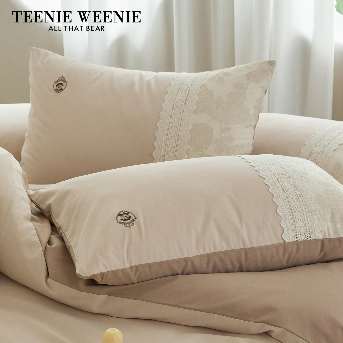 TeenieWeenie少女心蕾丝花边全棉磨毛枕套家用单人48x74cm枕头套