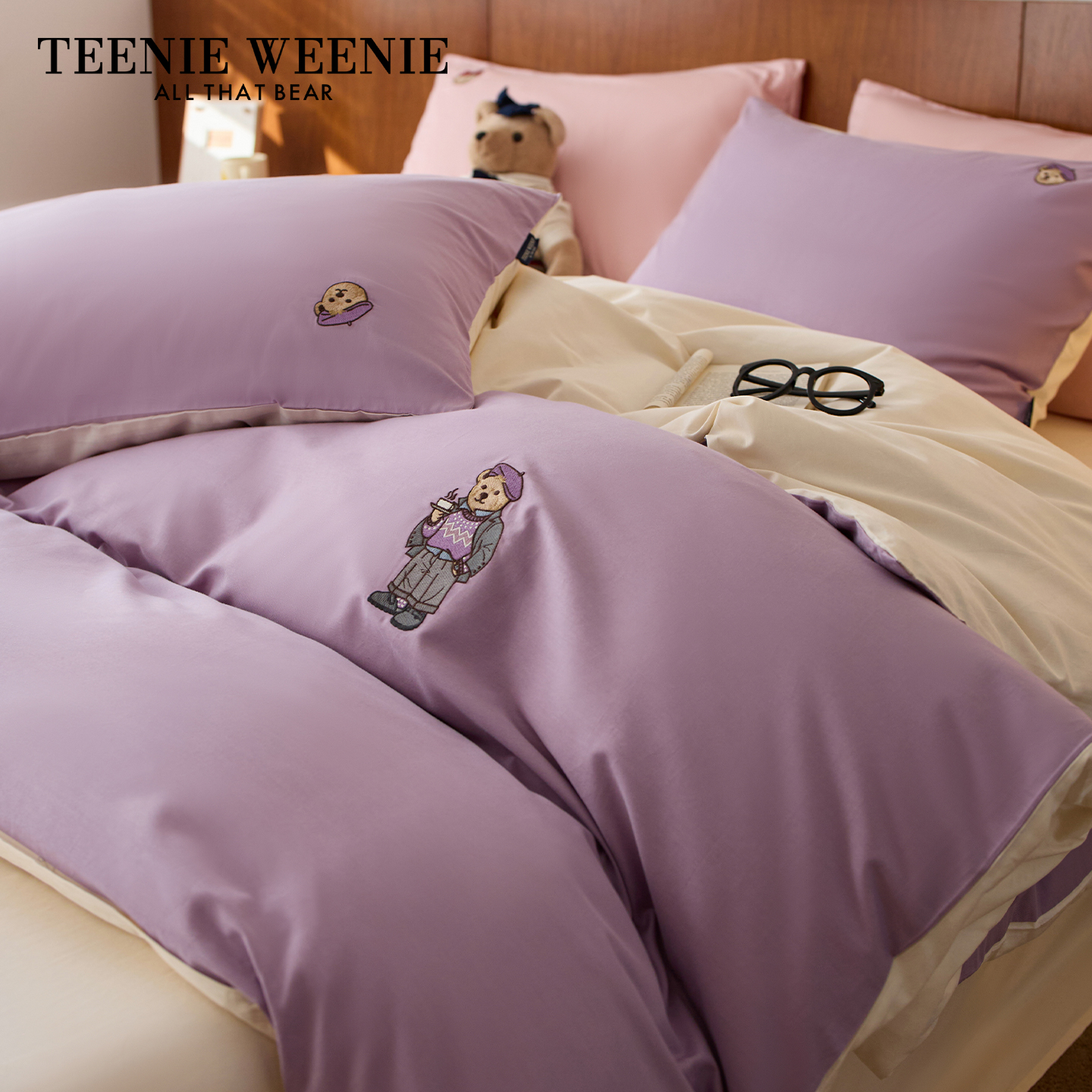 TeenieWeenie小熊粉色刺绣全棉四件套2025新款纯棉被套床单床品