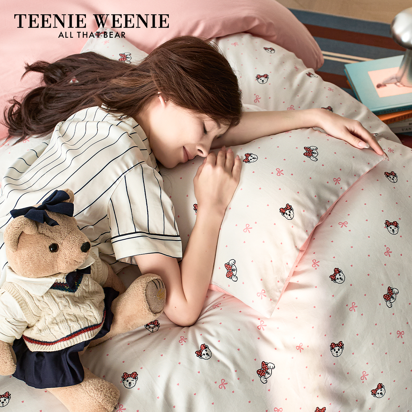 TeenieWeenie小熊粉色蝴蝶结床单四件套纯棉全棉被套罩宿舍三件套