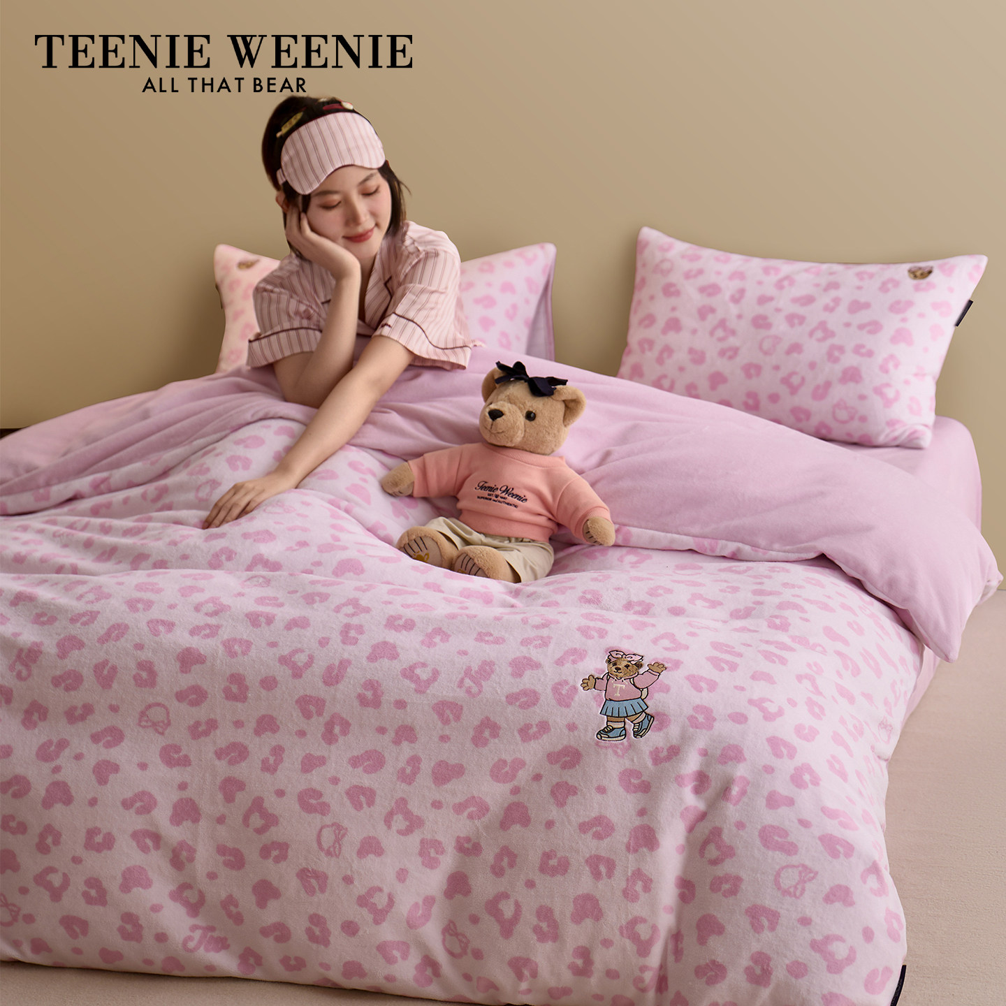 TeenieWeenie冬季粉色豹纹暖绒刺绣四件套床单床笠法兰绒三件套,床上用品,床品套件/四件套/多件套,淘宝优惠券,粉丝福利购,淘宝优惠卷