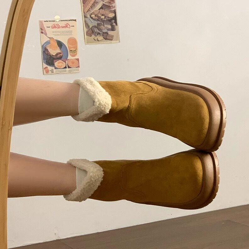 三福爆款复古厚底雪地靴女2025冬季新款增高加绒加厚保暖棉靴勃肯