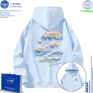 NASA联名白云油画涂鸦蓝色卫衣男女款 宽松学生连帽外套 2025春秋季