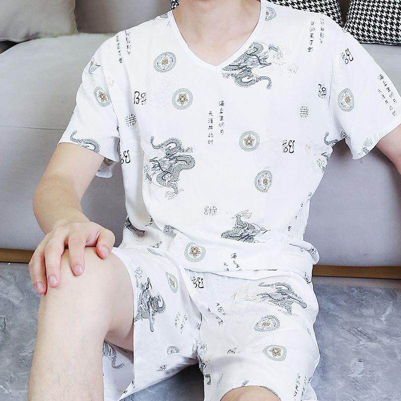 东方绸男士睡衣夏季棉绸加大码绵绸薄款短袖家居服青年人造棉套装