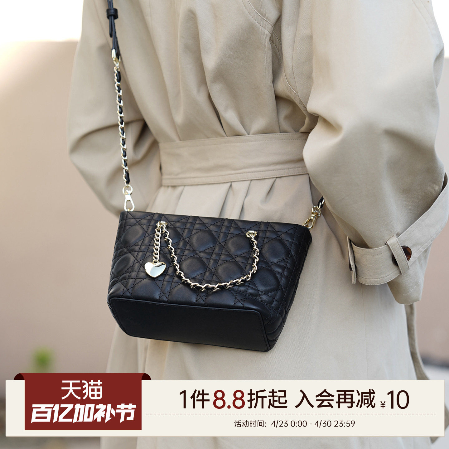 岩牛纳帕真皮菱格链条小包复古通勤简约风车缝线斜挎包轻奢单肩女