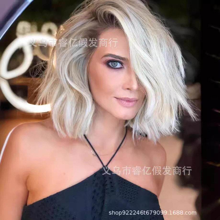 新款直销跨境热销渐变色假发 欧美假发女短卷发侧分化纤头套 现货