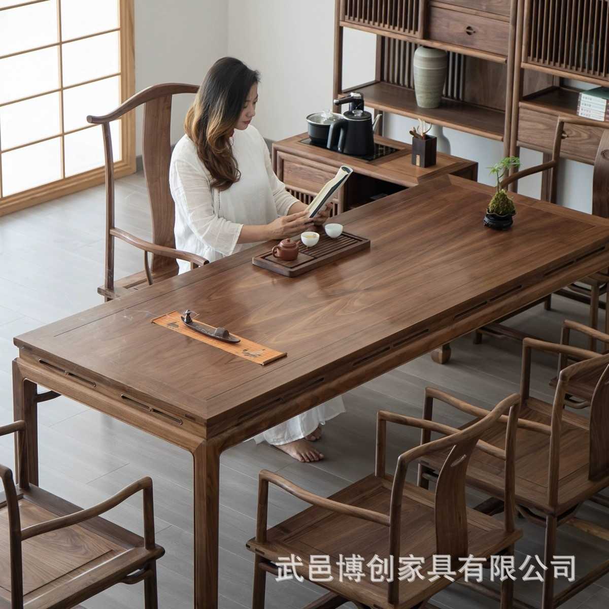 新款直销新中式老榆木茶桌束腰马蹄桌喝茶桌餐桌会议桌办公写字桌