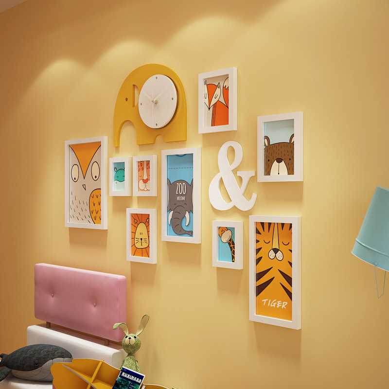 新款直销实木_6192_卡通实木照片墙儿童组合相框装饰画大象真钟表